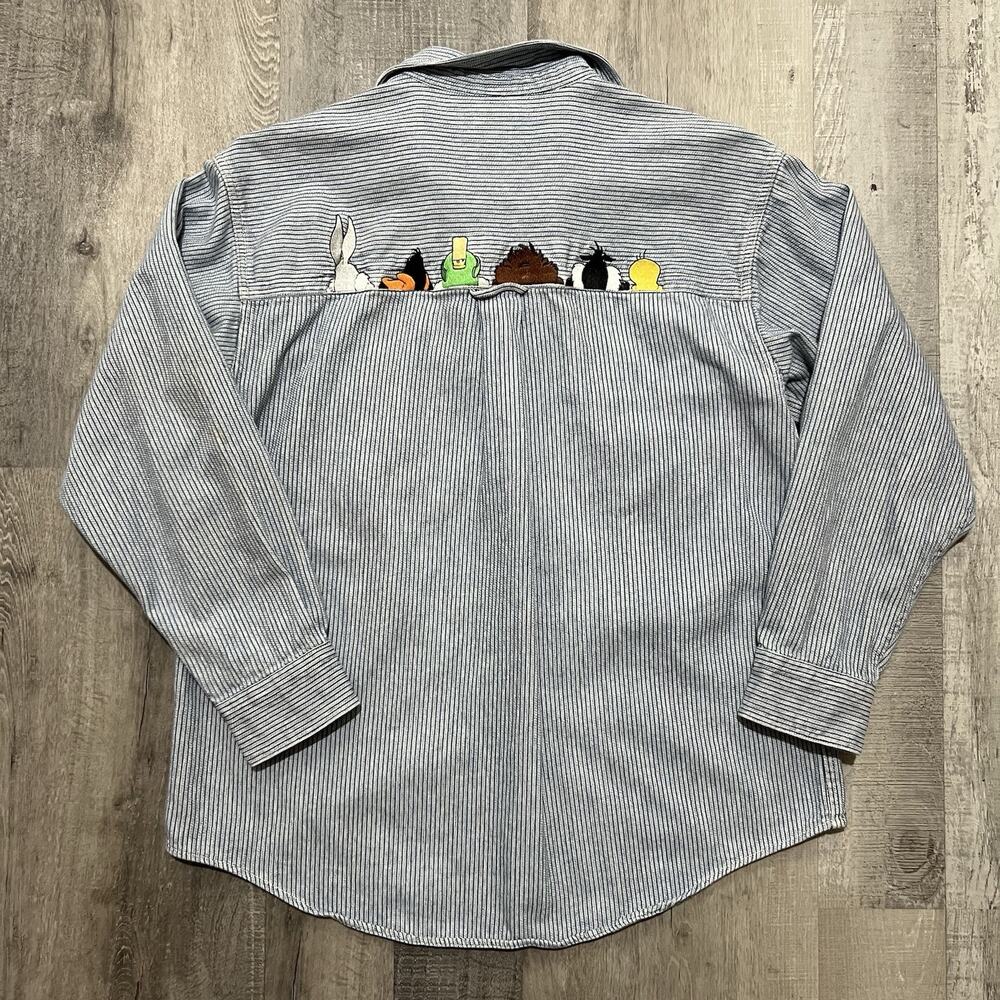 VTG Warner Bros. Studios Store Looney Tunes Hickory Striped Blue Button Shirt S - Picture 2 of 5